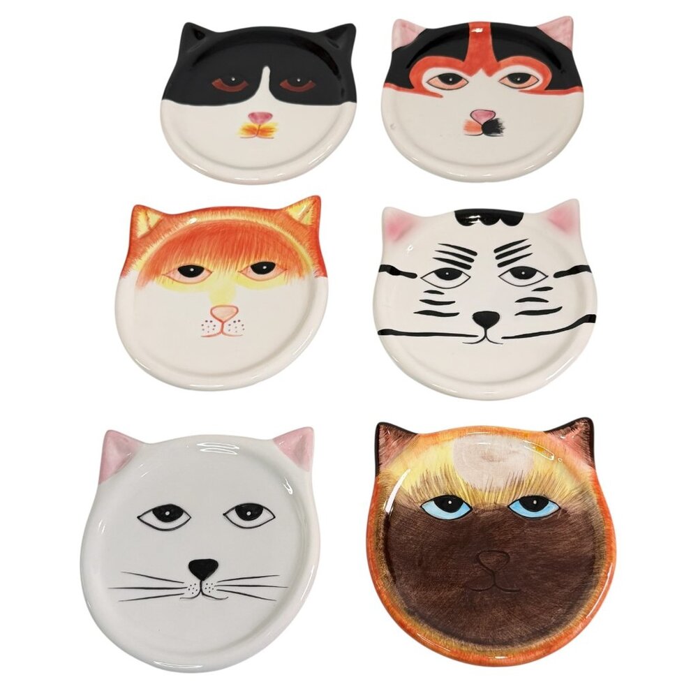 Vintage! Set Of 6 Bandwagon Ceramic Cat Face Coasters w/Original Box 2001